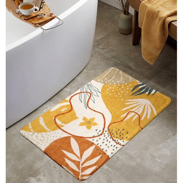 Fall Bathroom Rugs Cute Yellow Plant Bath Mat Non-Slip Abstract Printed Bath Rug Soft Velvet Machine Washable Boho Floor Mats Autumn Style Aesthetic Design for Bathroom Tub Shower, 20''''x31''''
