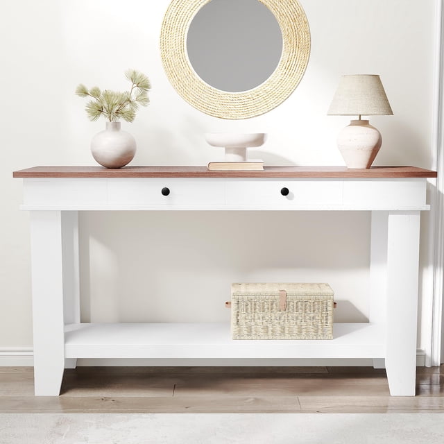 54 Inch Long Console Table – Wooden Entryway Table with 2 Drawers & Open Storage Shelf, Sofa Table Behind Couch, Farmhouse Style Entryway & Hallway Organizer for Living Room