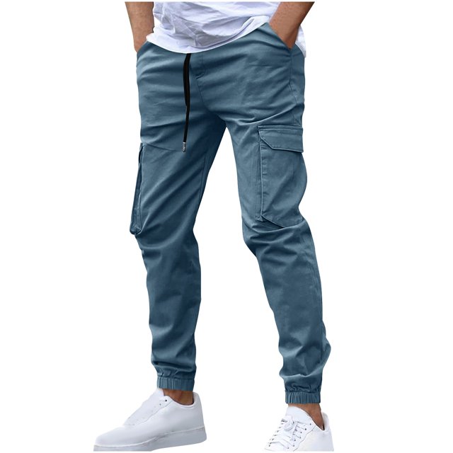 Dagugfen Cargo Pants for Men Elastic Waist Drawstring Outdoor Trainning Running Athletic Trousers Solid Color