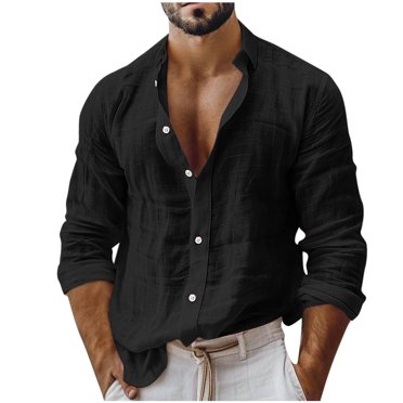aohooy Mens Linen Shirts Long Sleeve Cotton Gauze Shirt Button Down Loose Fit Fall Blouses Plain Band Collar Beach Hippie Dress Shirt Black,L