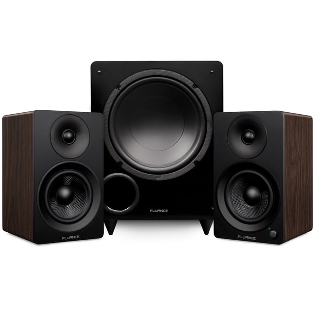 Fluance Ai41 Powered 5" Stereo Bookshelf Speakers and DB10 10" Low Frequency Ported Front Firing Powered Subwoofer with 15 Feet RCA Ultimate Performance Collection Subwoofer Cable (Natural Walnut)