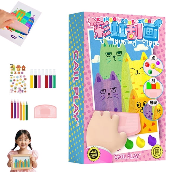 Painting Supplies Squeegee Art Kids Paint Kit DIY Rainbow Dot Scratch Craft Set Handmade Painting Paper with Paints Squeegees and Stickers for Students and Beginners