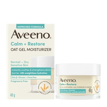 Aveeno Calm + Restore Oat Gel Facial Moisturizer for Sensitive Skin, Lightweight Gel Cream Face Moisturizer with Prebiotic Oat and Feverfew, Hypoallergenic, Fragrance and Paraben-free, 48 g