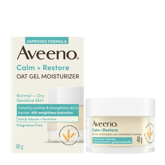 Aveeno Calm + Restore Oat Gel Facial Moisturizer for Sensitive Skin, Lightweight Gel Cream Face Moisturizer with Prebiotic Oat and Feverfew, Hypoallergenic, Fragrance and Paraben-free, 48 g