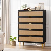 BeesClover Rattan Dresser with 5 Drawers, Tall Modern Storage Chest with Deep Drawers and Wide Top, Long Wooden Dresser for Bedroom, Living Room, Hallway, or Kids Room