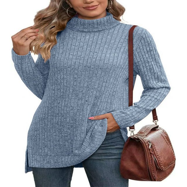 Ribbed Turtleneck Top for Women - Long Sleeve Basic Shirt with Side Slit