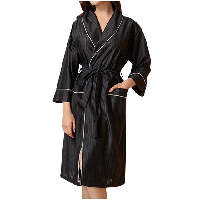 Timegard Womens Bathrobe V Neck Long Sleeve Belted Waist Robes Lightweight Solid Color Comfy Mid Length Loungewear