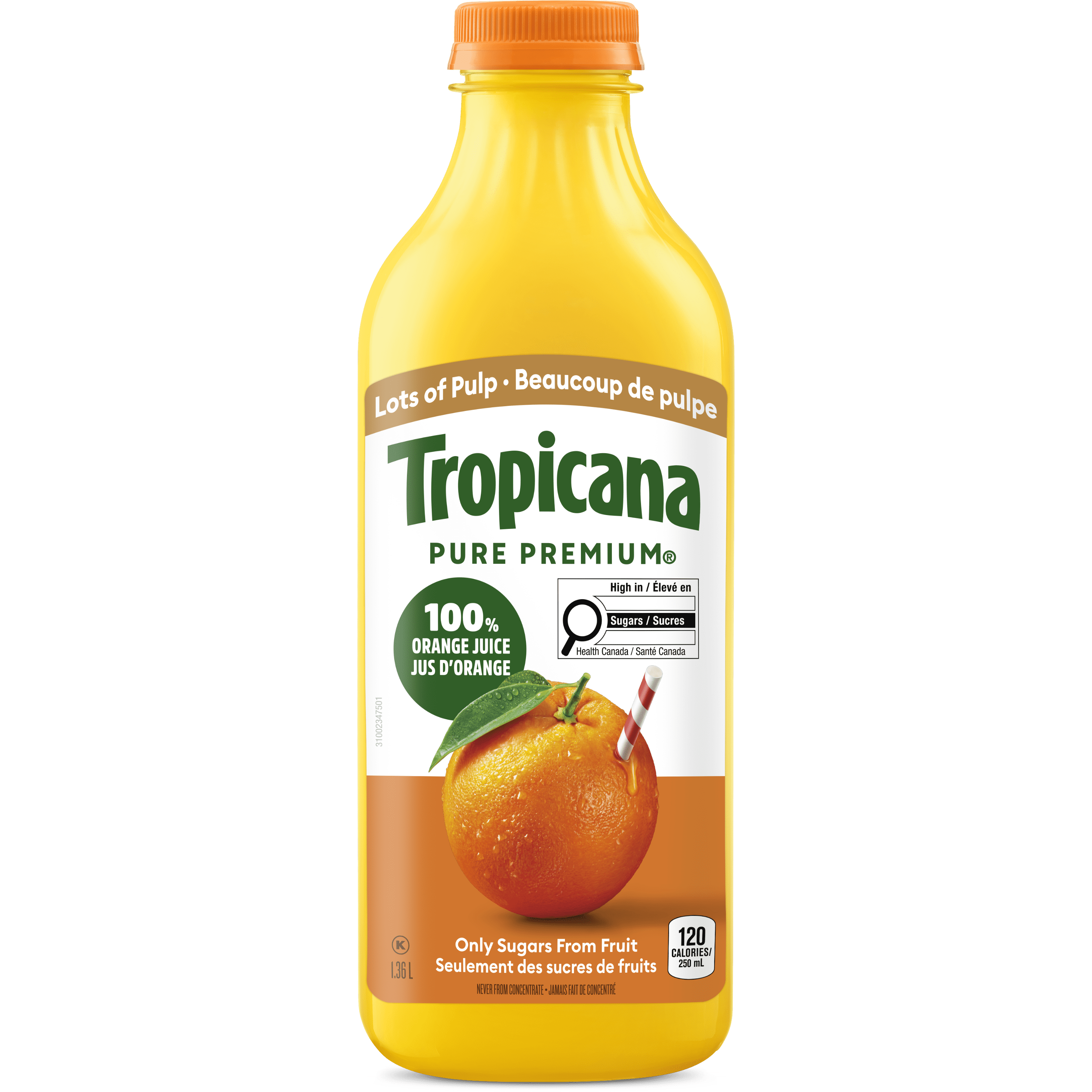 Tropicana Pure Premium 100% Orange Juice Lots of Pulp, 1.36 L