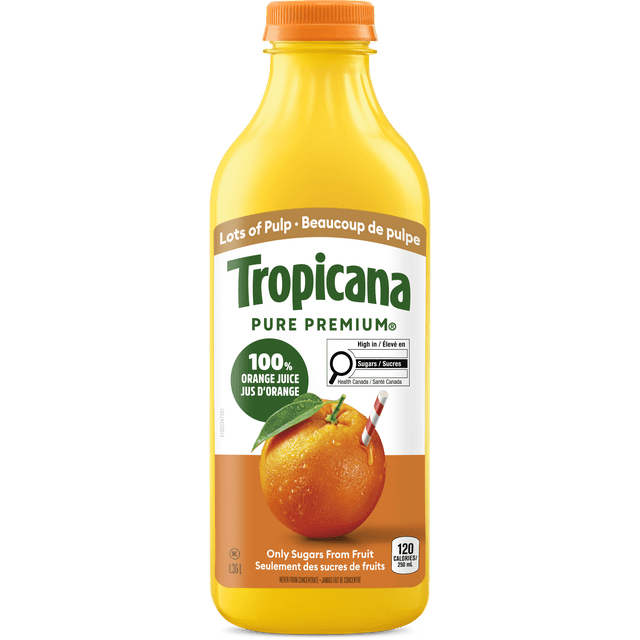 Tropicana 100% Orange Juice Lots of Pulp, 1.36 L bottle with orange cap, featuring a label with a fresh orange and straw, highlighting 100% pure orange juice, lots of pulp, 120 calories per 250 mL serving, and only natural sugars from fruit.