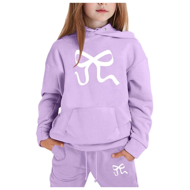 GDREDA Girls Sets 2 Piece Outfits Spring Children's Hoodie Set With Bow Print Light Purple,2-3Years