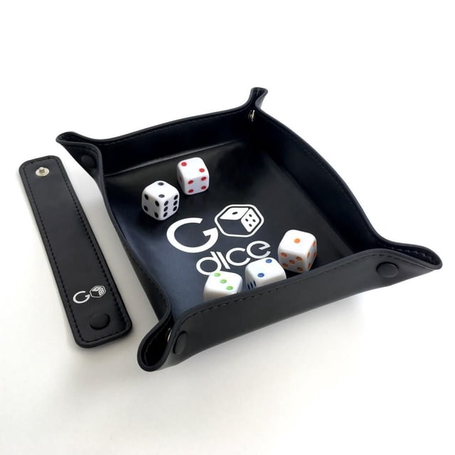 GoDice Family Pack featuring five smart connected dice with colored pips inside a black leather dice tray with the GoDice logo, alongside a detachable black leather strap with snap buttons, on a white background.