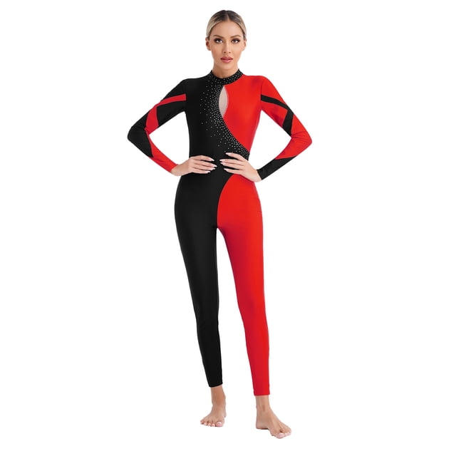 Kaerm Justaucorps de Gymnastique pour Femmes à Strass à Manches Longues Combinaison Intégrale Tenue de Danse Rouge TG
