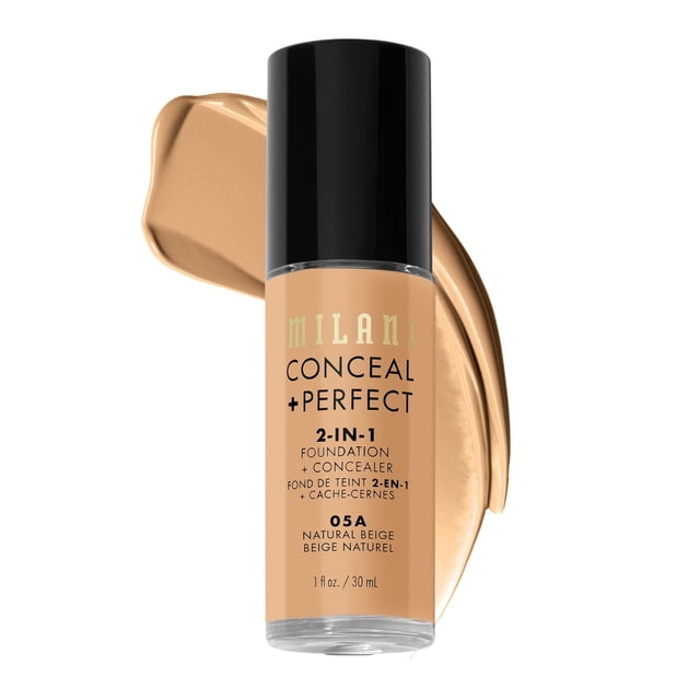 Milani Conceal + Perfect 2-in-1 Foundation + Concealer in 05A Natural Beige, a liquid foundation and concealer with medium to full coverage and natural matte finish, shown in a clear bottle with black cap and beige foundation swatch behind it, ideal for evening skin tone and reducing redness.