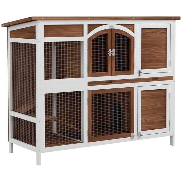 PawHut 49"L Wooden Rabbit Hutch, Two Story Bunny Cage with Ramp