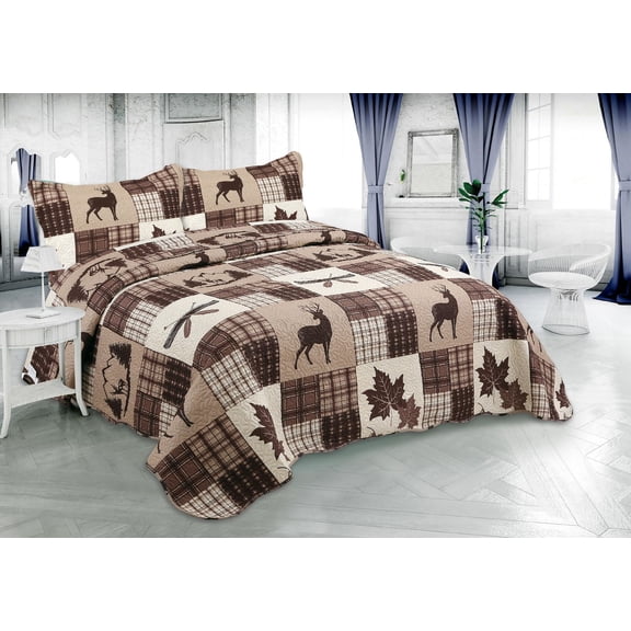 Marina Decoration Rich Printed Embossed Pinsonic Coverlet Bedspread Ultra Soft Bedding Summer Quilt Set with Shams, Brown Cabin Maple Deer Plaid Pattern