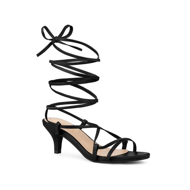 BLISSFUL STEP Sandales à Petits Talons à Brides et à Lacets pour Femmes Noires (Taille 9)