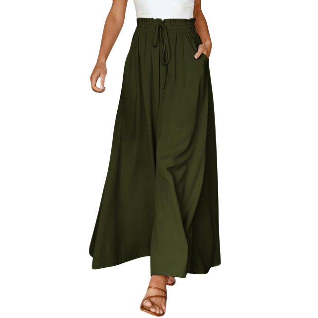GZWYHT Wide Leg Pants,Palazzo Pants,Women's Wide Leg Pants Flowy Ruffle Solid Color Drawstring Waist Pants,Flowy Pants,High Waisted Pants,Sweatpants Women,Green 2,XXL