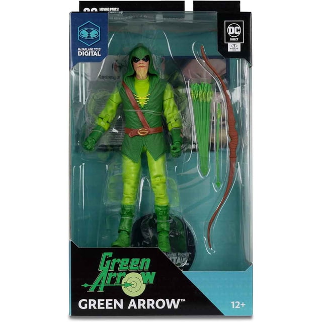 DC Multiverse Figurine Articulée de 7 Pouces Vague Numérique 2 - Green Arrow par McFarlane. la Figurine Mettant en Vedette Green Arrow dans une Tenue à Capuche Verte avec une Ceinture Brune et des Bottes, Tenant un Arc et un Carquois de Flèches. Emballée dans une Boîte d'Exposition avec Image de Marque et Recommandation d'Âge de 12+.