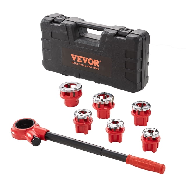 VEVOR Ratcheting Pipe Threading Tool Set with six red NPT dies (1/4" to 1-1/4" sizes), a black ergonomic handle with a red grip, and a durable black plastic carrying case featuring the VEVOR logo. Includes a manual ratchet mechanism and die head teeth made of 9SICR material for precise, non-slip threading. Ideal for threading aluminum, iron, galvanized, and copper pipes in construction, plumbing, and equipment installation projects.