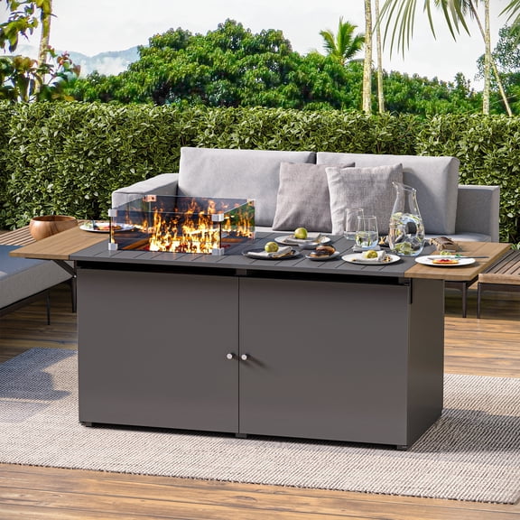 KAMEROUT 64" Outdoor Fire Pit Table, 50,000 BTU Patio Propane Fire Pit with Foldable Tabletop & Wind Guard, Black