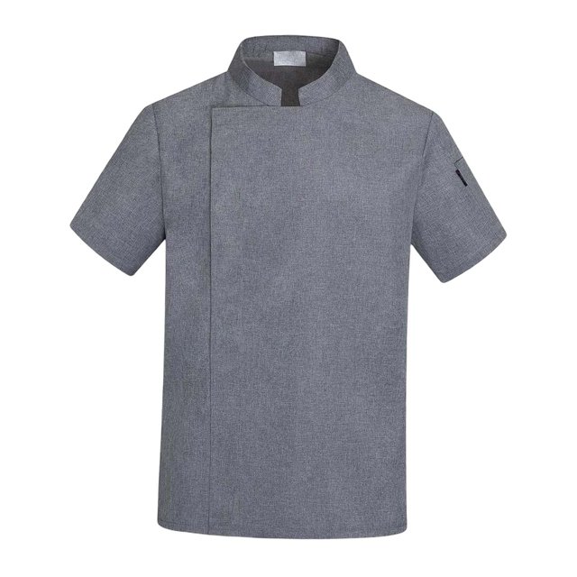 TISHITA Chef Coat Jacket in grey, made of breathable polyester material with short sleeves and a button closure. Features a practical left arm pocket for pens or temperature gauges. Ideal workwear for chefs, waiters, and food service professionals, suitable for kitchens, restaurants, bakeries, and other food industry settings. Size L.
