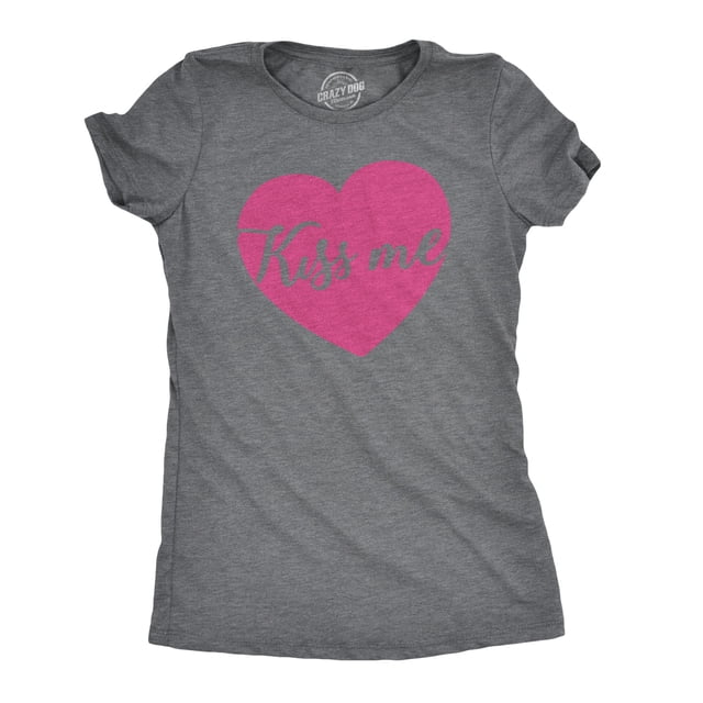 Womens Kiss Me Script Heart Cute \Relationship Flirting T shirt for Ladies (Dark Heather Grey) - S