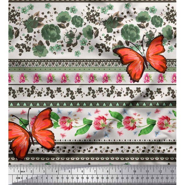 Soimoi Green Polyester Crepe Fabric Floral & Insect Patchwork Printed Craft Fabric by The Yard 42 Inch Wide
