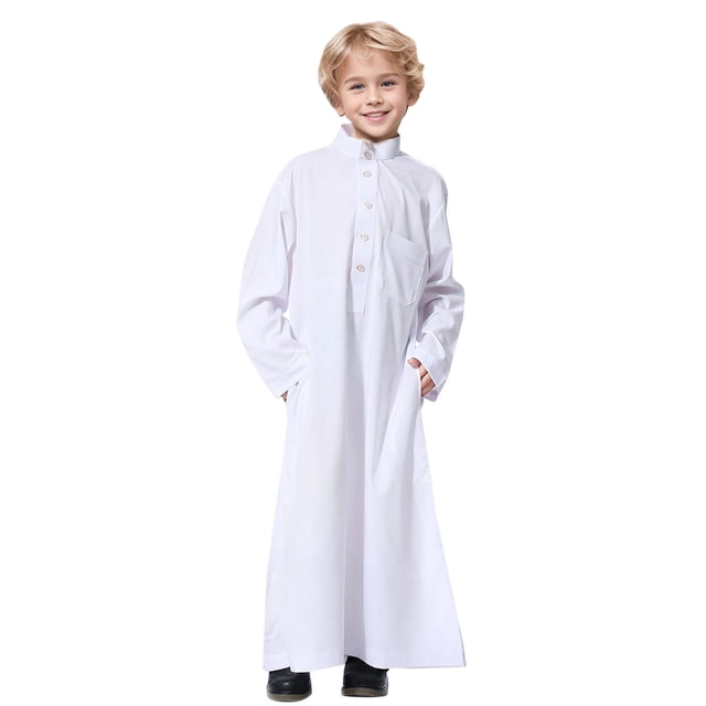 Kcodviy Thobe Arabe Thobe Musulman Barboteuse pour Bébé Shorts Longs Garçons Kaftan à Manches Longues Robe Ras du Cou Robe Nationale Garçons Adolescents Ensemble de Robe Brodée à Manches Longues Vêtements pour Enfants Arabes Robe