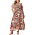 thumbnail image 2 of GRACE & GRANDEUR Robe Maxi Bohème à Fleurs pour Femme Grande Taille, Manches Courtes, Encolure Carrée, Smockée, 1X Rouge, 2 of 6