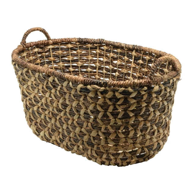Bacbac and Bangkuang Storage Basket, a large 22 in. L x 14 in. W x 11 in. H boat-shaped oval basket handwoven with natural bacbac and bangkuang leaf fibers in a butterfly and X-weave pattern, featuring ear handles for easy carrying, ideal for multi-purpose home storage and organization.