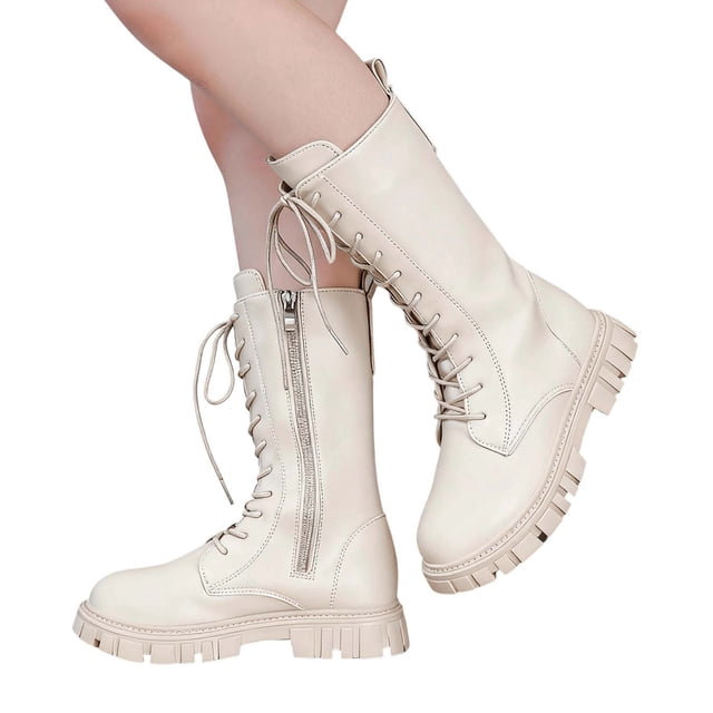 Wdgfv Bottes de Combat Mi-Mollet à Lacets pour Filles, Mode, Bout Rond, Fermeture Éclair Latérale, Semelle Crantée, Style Punk Goth, pour Tout-Petit, Petite Enfant, Grande Enfant, Blanc, 5-5,5 Ans