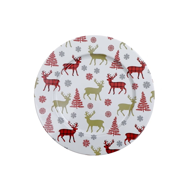 Printed Metal Charger Plate (Tree & Deer) (13") - Set of 12 with white base featuring red and green deer, red trees, and red and gray snowflakes, designed to protect dining tables and add nature-inspired charm for holiday settings.