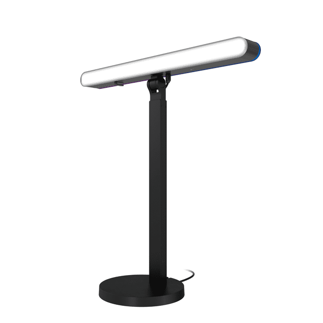 Logitech G Litra Beam LX Dual-Sided RGB Streaming Key Light with a slim rectangular LED panel emitting soft white light on a black adjustable stand with round base and power cable, featuring TrueSoft technology for natural skin tones and RGB backlighting ideal for streaming and gaming desks.