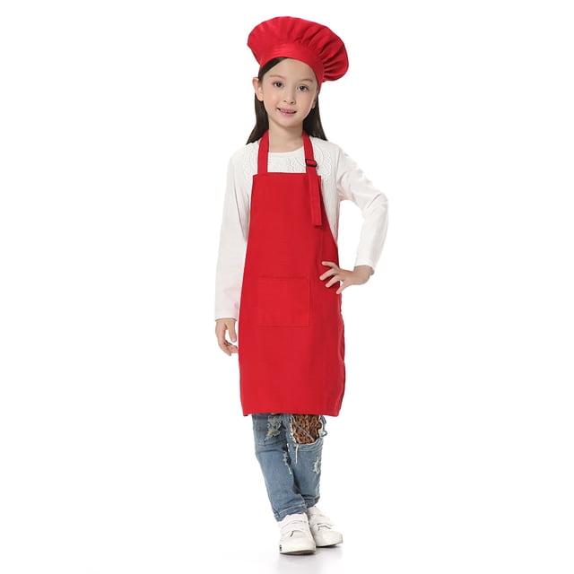 TOPTIE Kids Apron and Chef Hat Set, Adjustable Cotton Child Cooking Kitchen Apron, S-XXL-Red-M