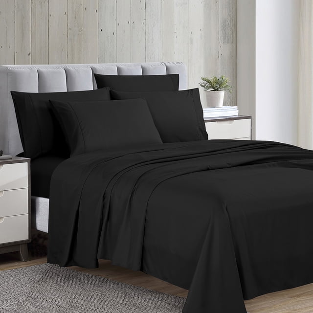 Swift Home Luxury 6-Piece Sheet Set with Extra Pillow Case, Double, Black