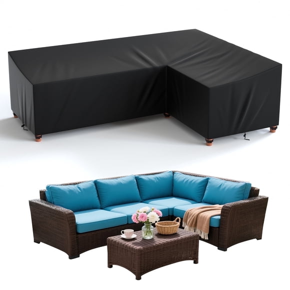 COSYUMI Patio L-Shaped Sectional Sofa Cover, Heavy Duty Durable Oxford Outdoor Sectional Couch Cover with 6 Windproof Buckles, Patio Waterproof L-Shaped Furniture Cover, Outdoor Furniture Cover