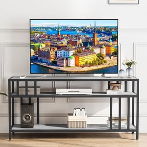 65" TV Stand, Rustic TV Stand Open Storage Shelf, Wooden TV Stand with Quad Duct Support, TV Media Console for Living Room and Bedroom, Grey
