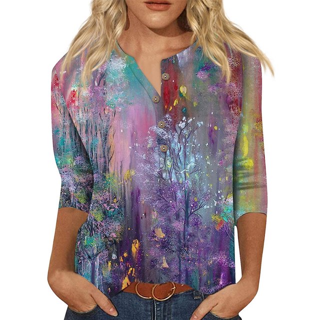 Bellella Hauts pour Femmes T-shirt Imprimé Floral Col Rond Tee Tunique Douce Manches 3/4 Blouse T-shirt Coloré Fleur S
