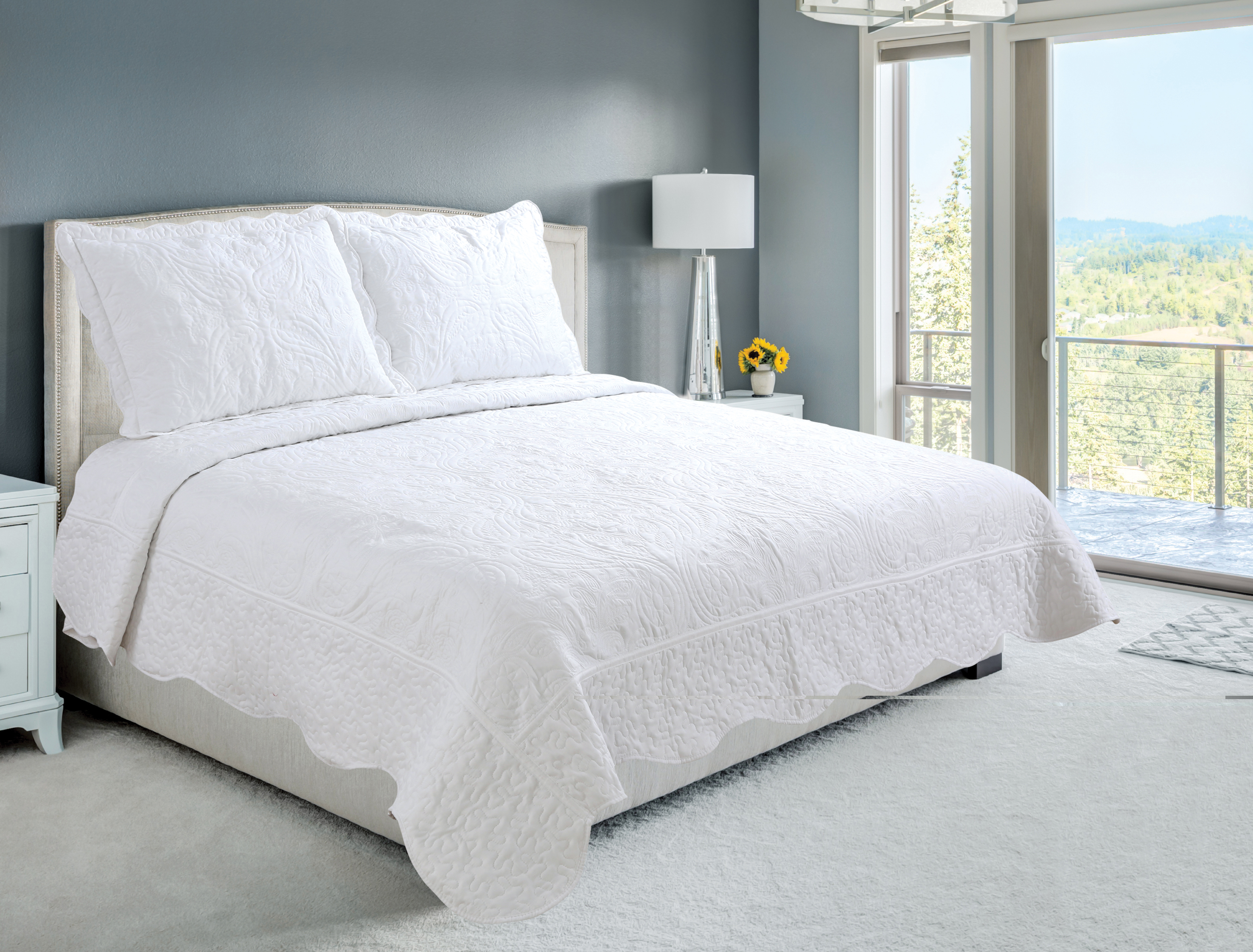 thumbnail image 1 of Marina Decoration Embroidered Stitching Coverlet Bedspread Ultra Soft Solid Bedding Summer Quilt Set with Quilted Sham, White Floral Paisley Pattern, 1 of 6