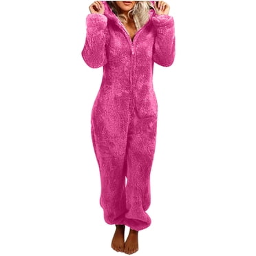 Pxkloy Combinaison Pyjama à Capuche en Molleton pour Femmes, Fermeture Éclair, Peluche, Chaude et Confortable, Vêtement de Nuit pour Femmes, Rose Vif, TTTTG
