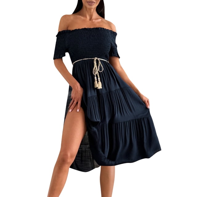 Taylonsss Womens Summer Dress Boho Strapless Solid Color Drawstring Off Shoulder Short Sleeve Ankle Length Beach Vacation Outfit