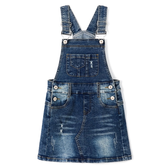 KIDSCOOL SPACE Baby Little Girls Skirt,Ripped Soft Strechy Denim Girls Summer Overalls Dress,Deep Blue,4-5 Years