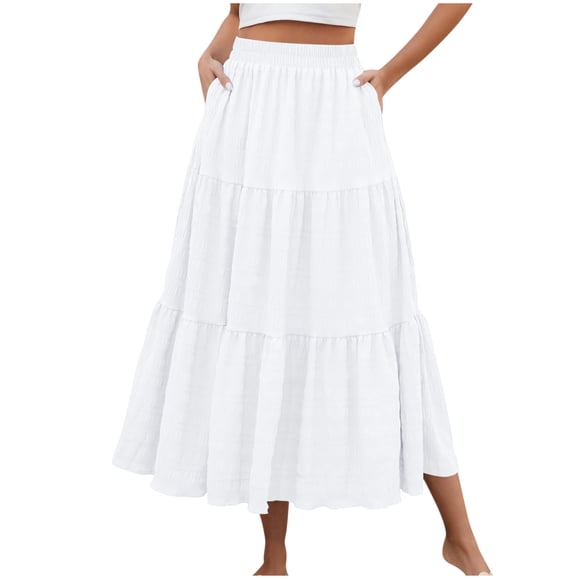 Bocqde Flowy Skirts for Women Summer Solid A-Line Ruffle Swing Long Skirt Fashion Casual Elastic High Waist Boho Maxi Skirt