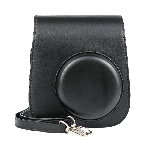 Instant Camera Instax Mini 11 Camera Bag protective case made of black PU leather with a solid color design. Features a rounded protective front, adjustable shoulder strap, and a back pocket for storing photos. Designed exclusively for the Instax Mini 11 camera.