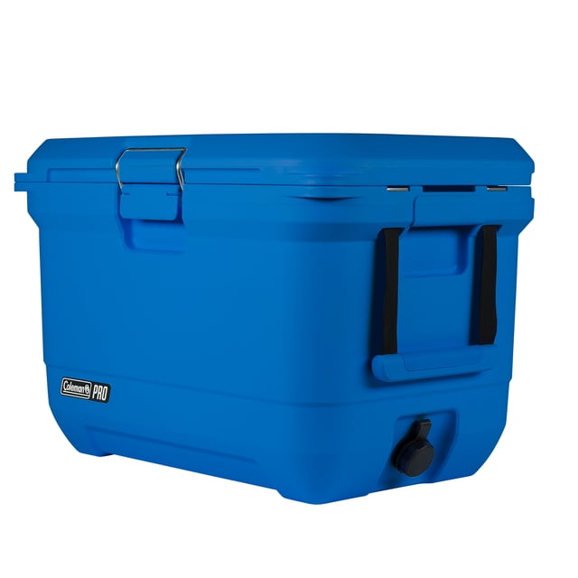 Coleman Pro Heavy-Duty 45-Quart Ultra-Light Premium Hard Cooler in blue, front-side view showing rugged black handles, stainless steel latch, oversized drain plug, and Coleman Pro logo, with extra-thick insulated walls for up to 4 days ice retention and tie-down straps for secure transport.