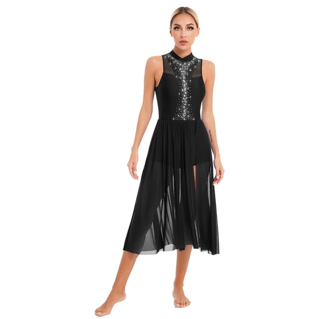Sinleey Costumes de Danse Lyrique pour Femmes Robe Longue Fluide en Tulle Sans Manches à Sequins Moderne Contemporain Noir TG