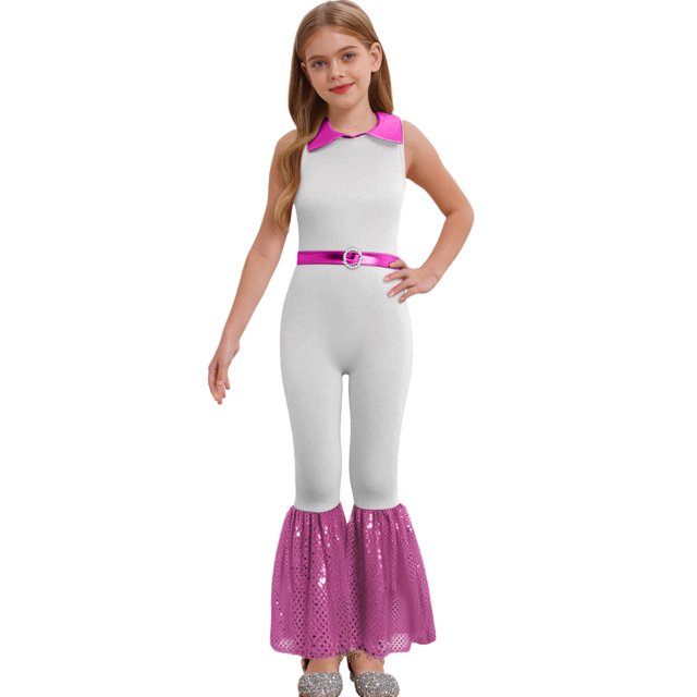 Hansber Combinaisons de Danse Disco Sans Manches à Sequins pour Filles Enfants Col Rabattu Fermeture Éclair Argent 10