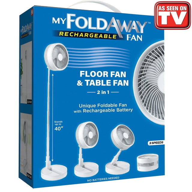 My Foldaway Fan Rechargeable Fan Floor Fan Table Fan Folding Fan, a portable 2-in-1 fan with a rechargeable battery, extends from 4 to 40 inches, offers 3 speed settings, folds compactly for easy storage, and functions as both a floor and table fan.
