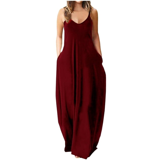 Robe Maxi d'Été pour Femmes Robe Longue Décontractée Bohème Sans Manches à Bretelles Smockée à Volants Longue Plage Soleil Robes