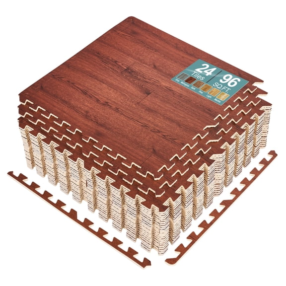 Sorbus Tuiles de Plancher à Grain de Bois de 96 Pi2 Tapis en Mousse EVA Tuiles Emboîtables Tuile Revêtement de Sol de 3/8 Po d'Épaisseur Tapis d'Exercice en Casse-Tête de Bois avec Bordures - Maison Salle de Jeux sous-Sol, Appartement, Salon Professionnel, Bébé, Danse
